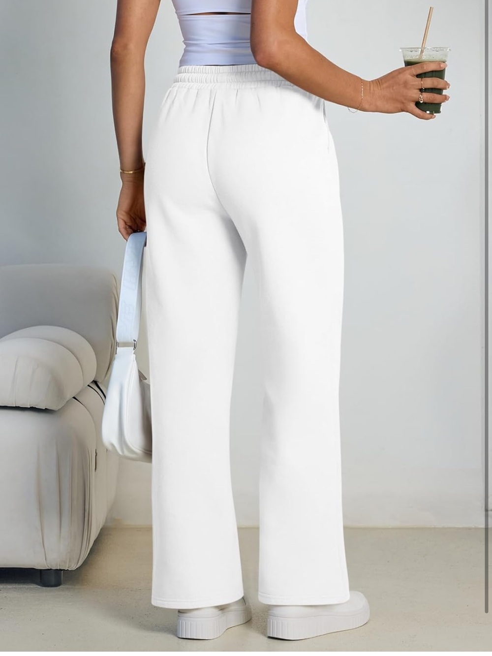 Everyday Wide-Leg Drawstring Joggers in White - Picture 4 of 5